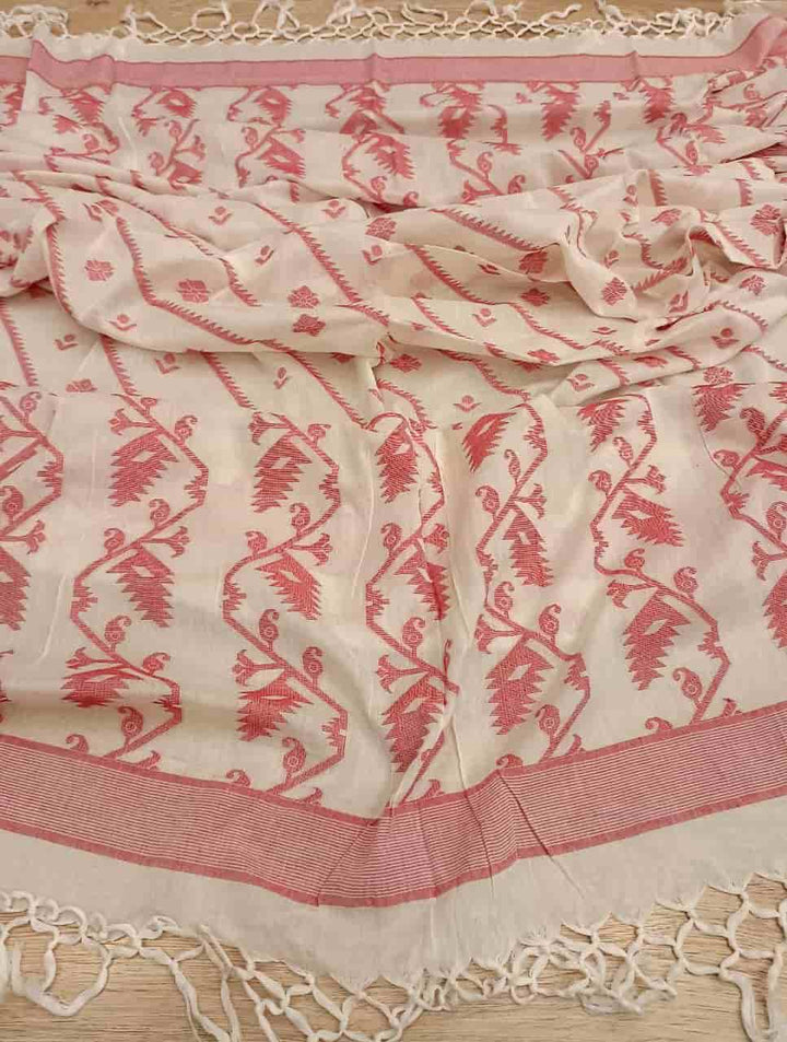 SOFT COTTON UNSTITCHED WHITE & RED JAMDANI 2 PIECE SET Balaram Saha