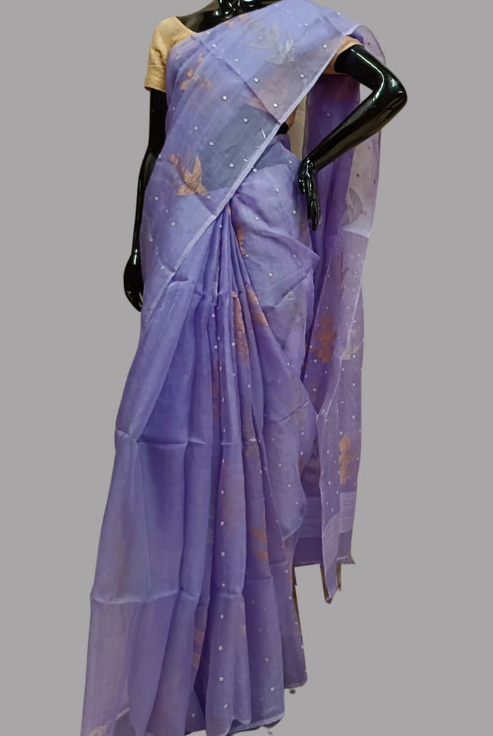 Lilac Muslin Silk Jamdani Saree with all over Leaves in Gold & Silver zari Balaram Saha