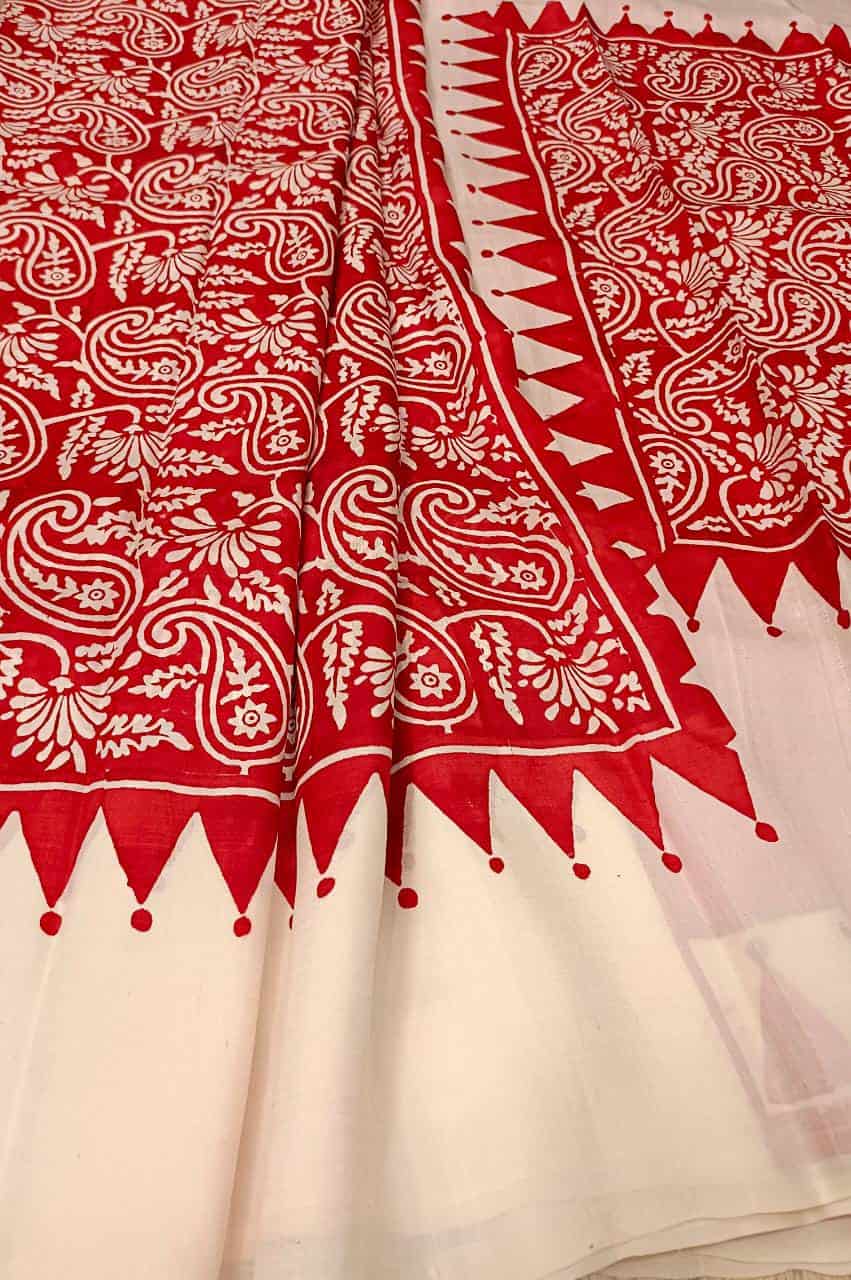 Red & White Pure Bengal Silk Handblock print saree Balaram Saha