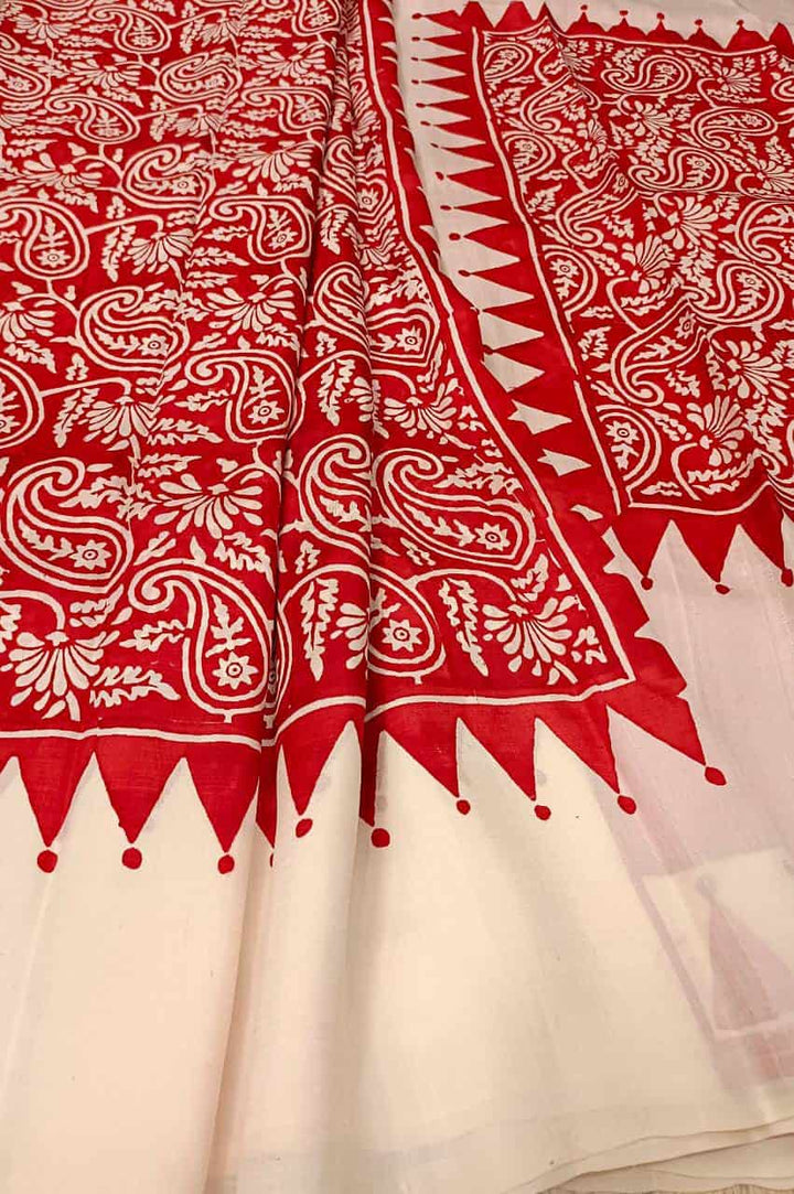 Red & White Pure Bengal Silk Handblock print saree Balaram Saha