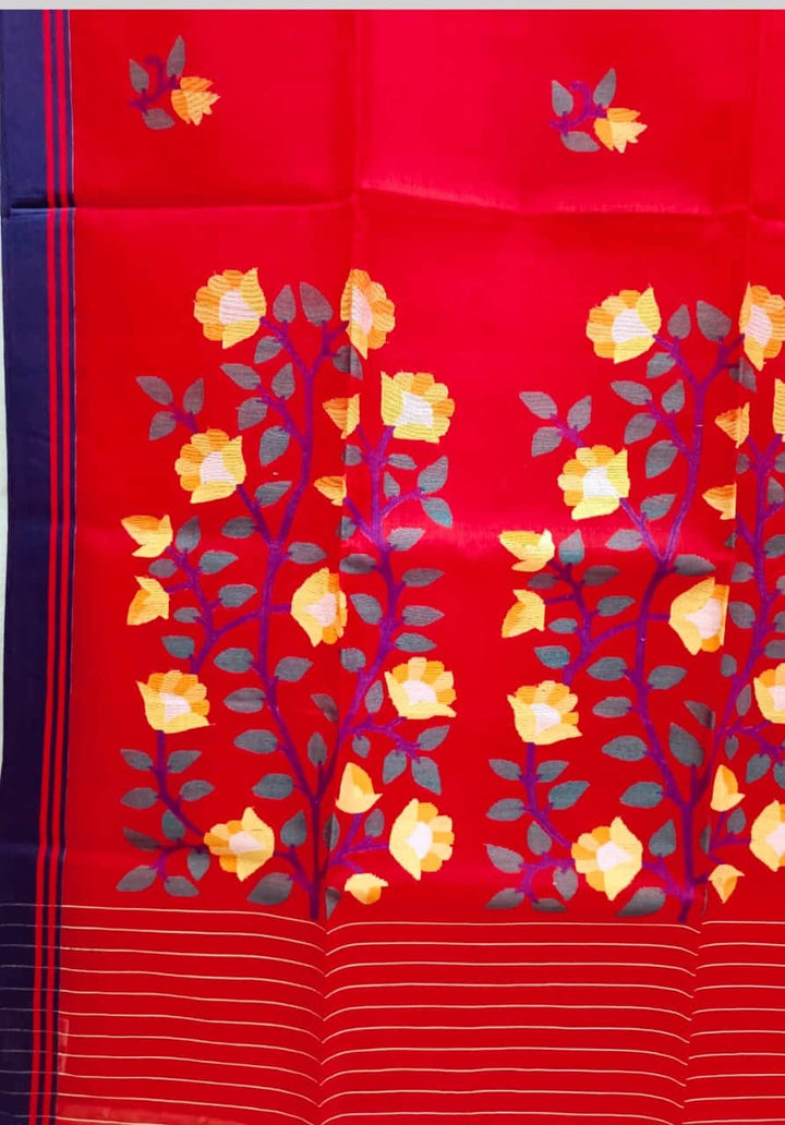 Red & Blue Handloom Muslin Silk Jamdani Saree Balaram Saha