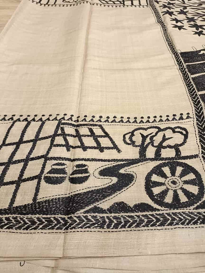 Exclusive Natural Shade & Black, Tussar Silk Kantha Saree With Black Thread Balaram Saha