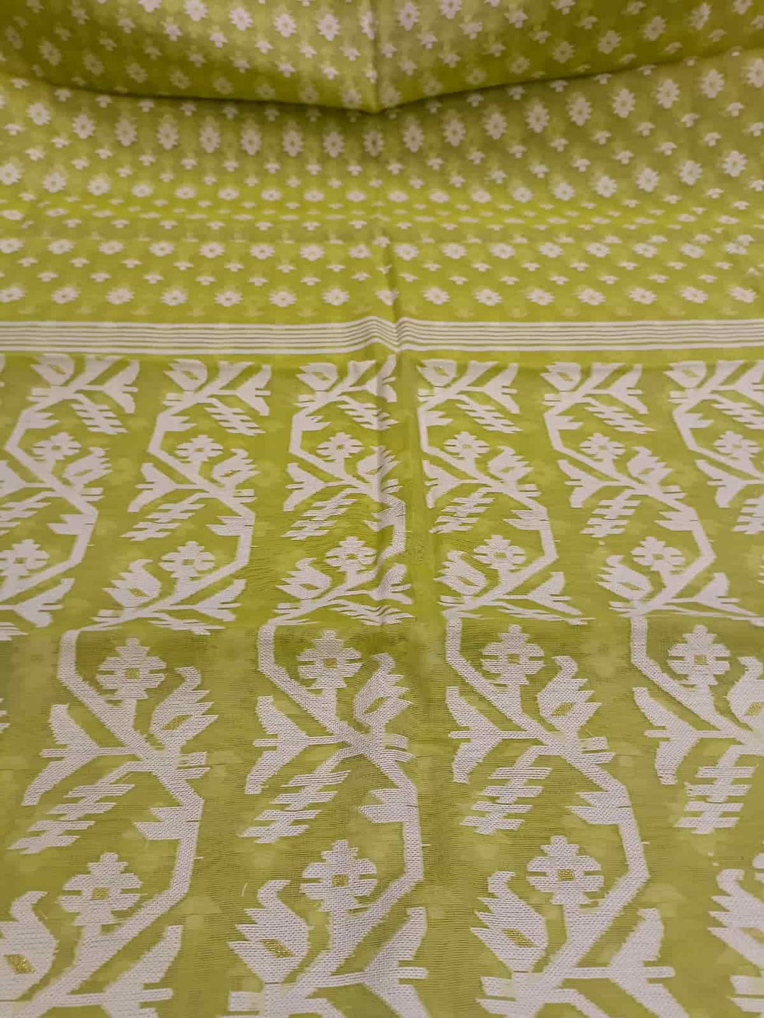Fresh Green & White, soft handloom cotton/Resham dhakai saree Balaram Saha