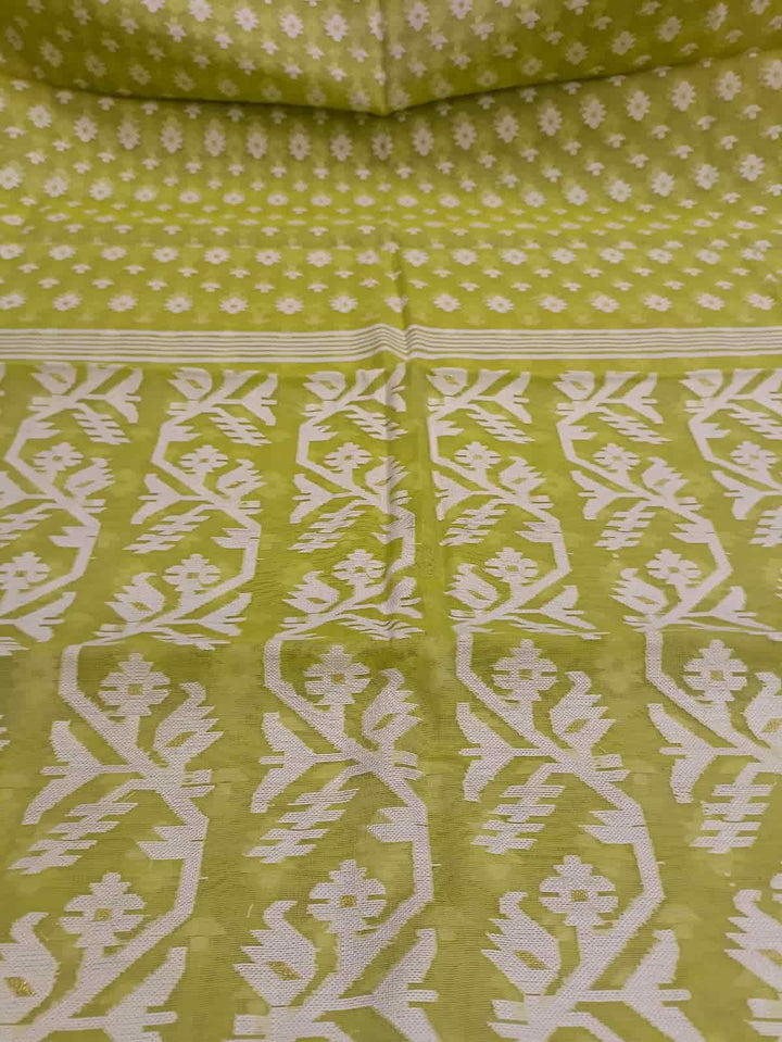 Fresh Green & White, soft handloom cotton/Resham dhakai saree Balaram Saha