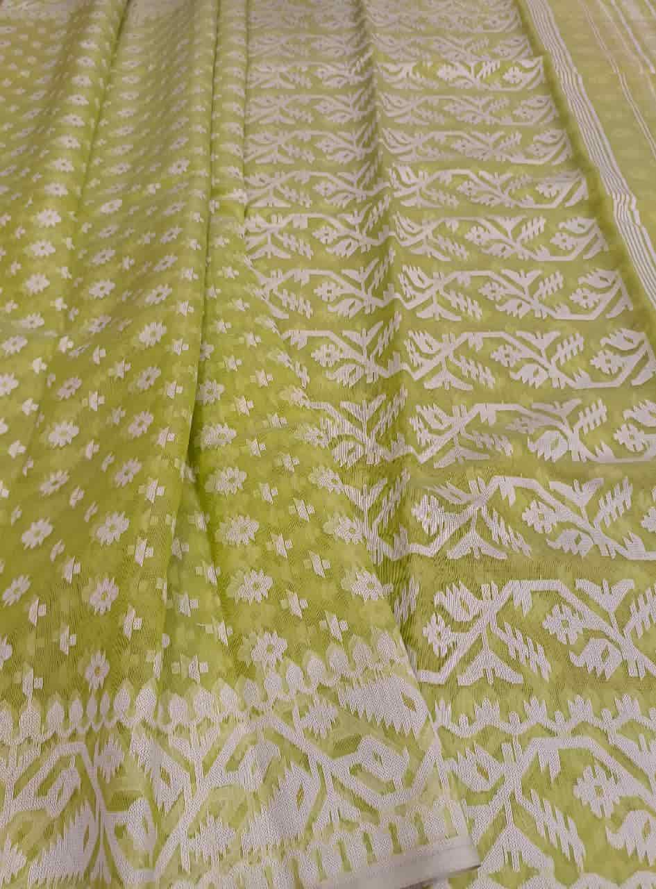 Fresh Green & White, soft handloom cotton/Resham dhakai saree Balaram Saha