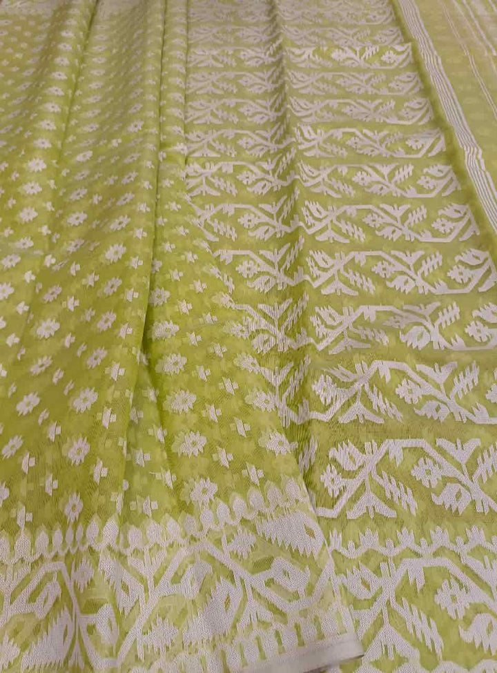 Fresh Green & White, soft handloom cotton/Resham dhakai saree Balaram Saha