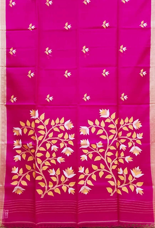 Deep Pink Handloom Muslin Silk Jamdani Saree Balaram Saha