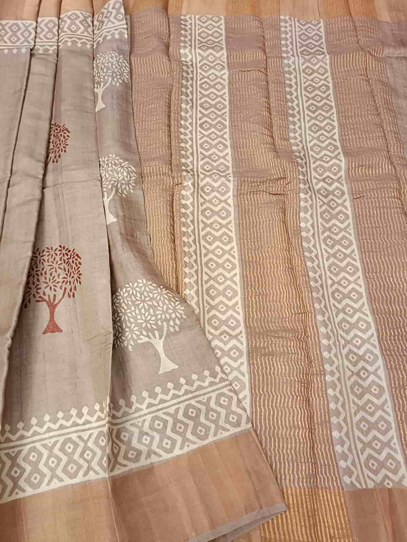 Taupe & Off White/Rust Tussar Silk Handblock Tree Print Saree Balaram Saha
