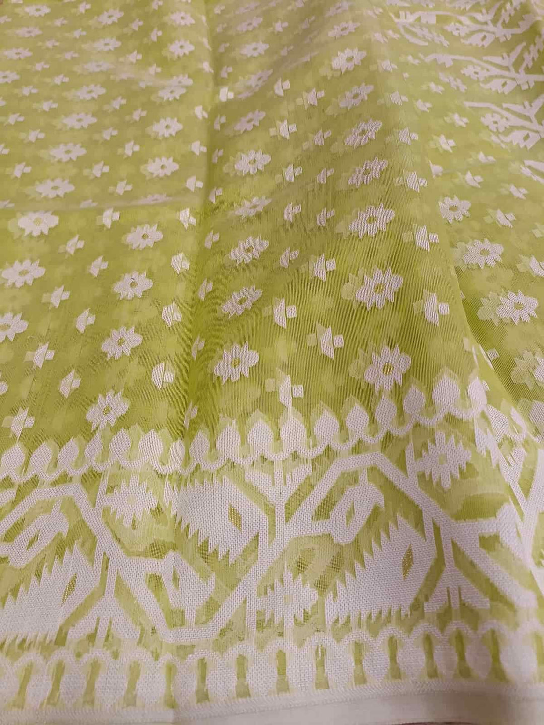 Fresh Green & White, soft handloom cotton/Resham dhakai saree Balaram Saha