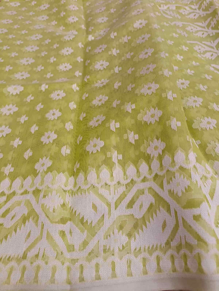 Fresh Green & White, soft handloom cotton/Resham dhakai saree Balaram Saha