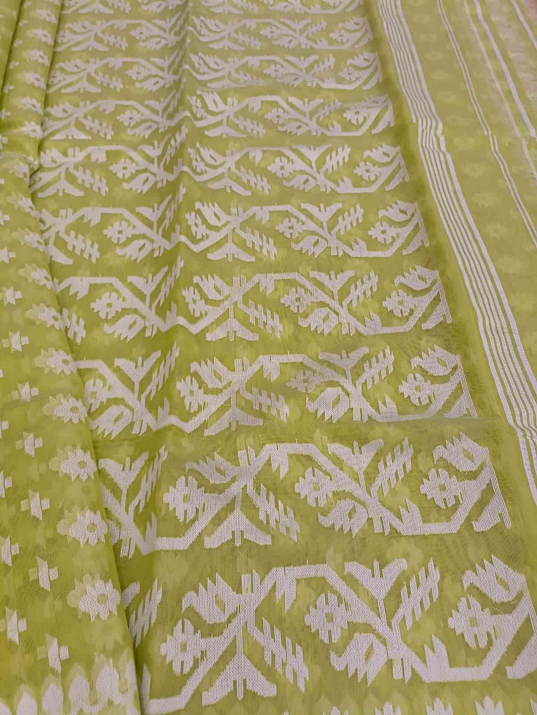 Fresh Green & White, soft handloom cotton/Resham dhakai saree Balaram Saha