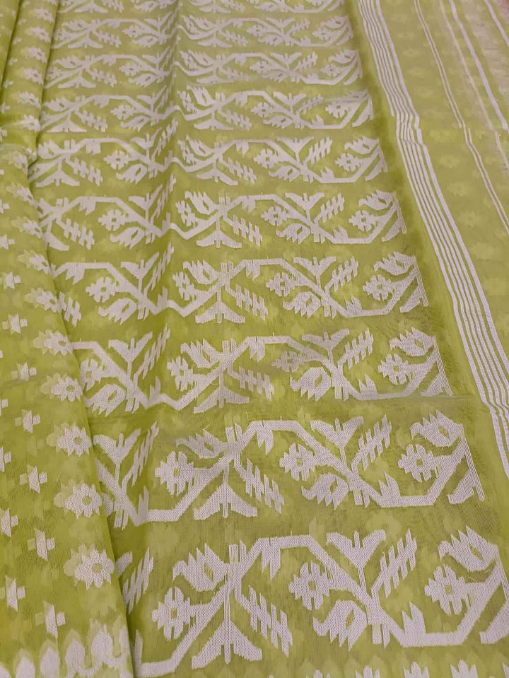 Fresh Green & White, soft handloom cotton/Resham dhakai saree Balaram Saha