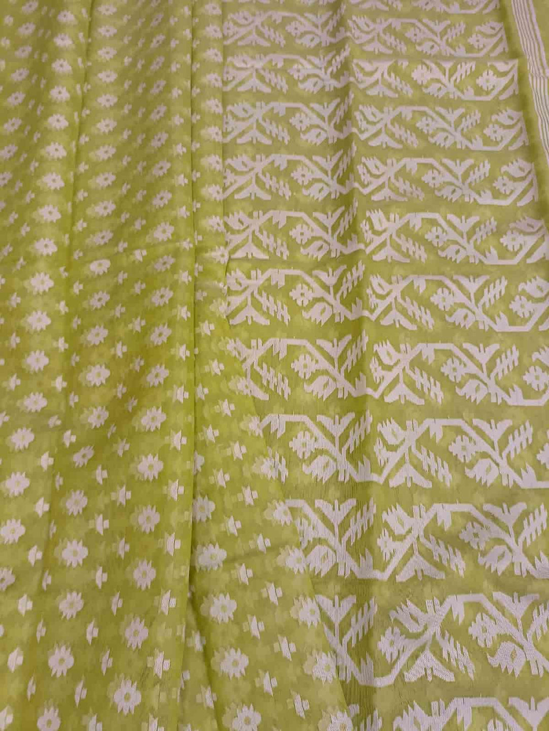 Fresh Green & White, soft handloom cotton/Resham dhakai saree Balaram Saha