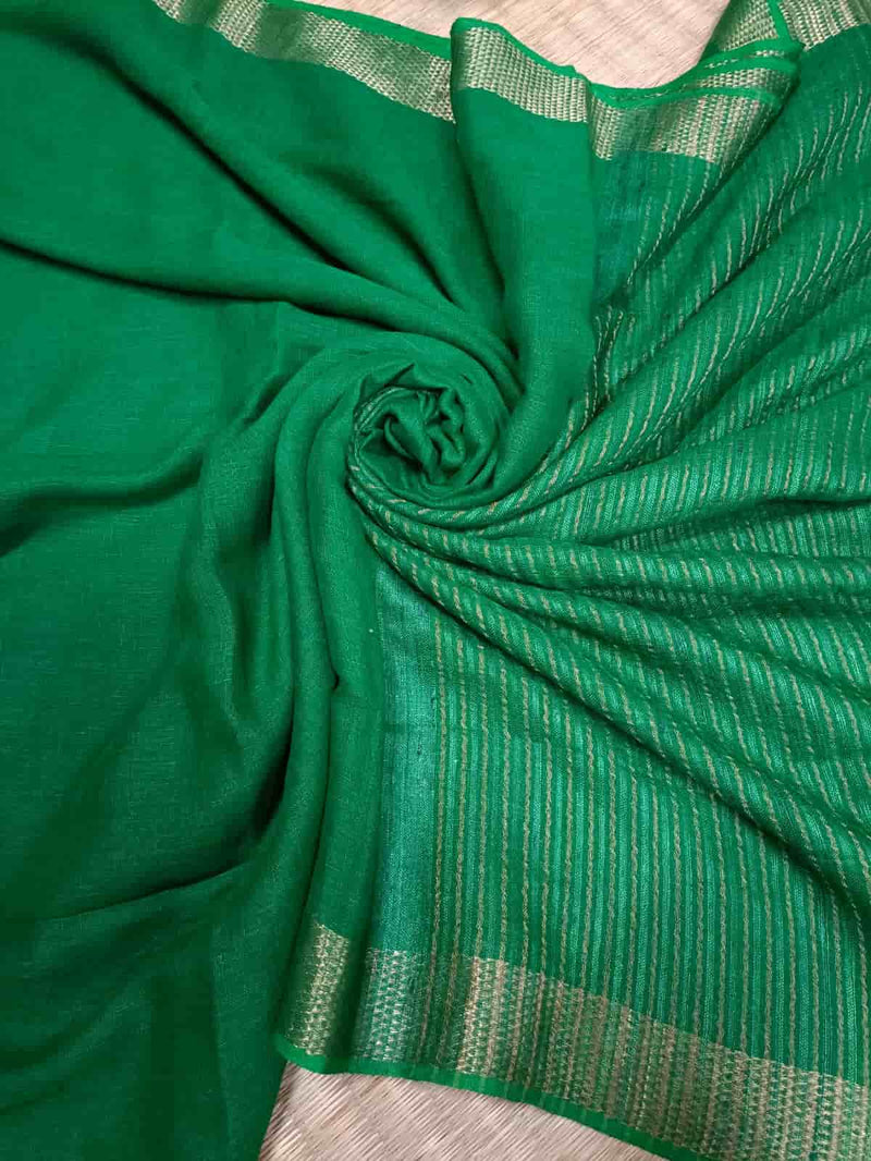Bottle Green superior quality Handloom Linen saree with gold zari woven border & zari & ghicha stripes Aanchal. Blouse Piece included.