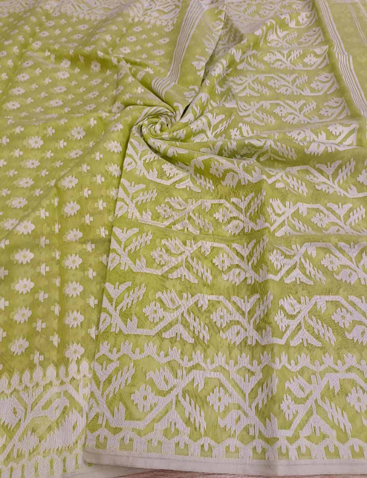 Fresh Green & White, soft handloom cotton/Resham dhakai saree Balaram Saha
