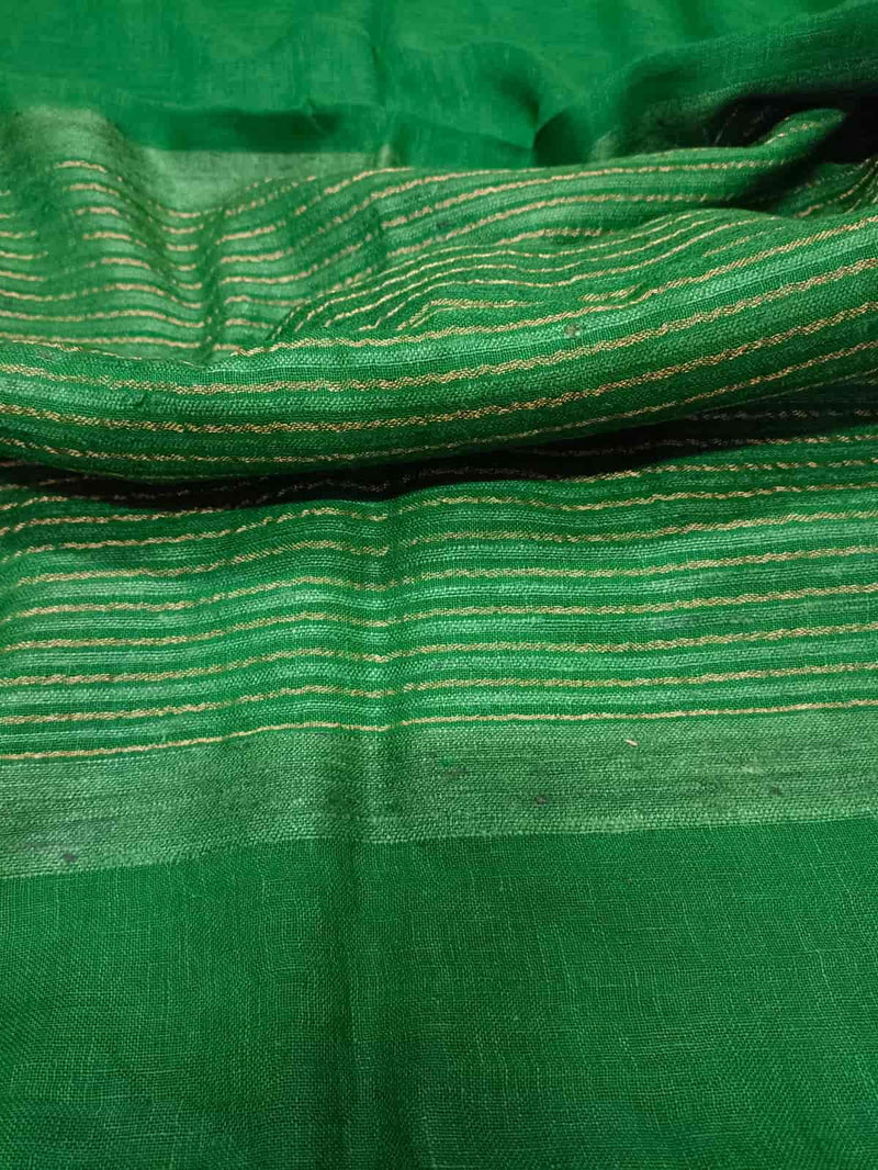 Bottle Green superior quality Handloom Linen saree with gold zari woven border & zari & ghicha stripes Aanchal. Blouse Piece included.