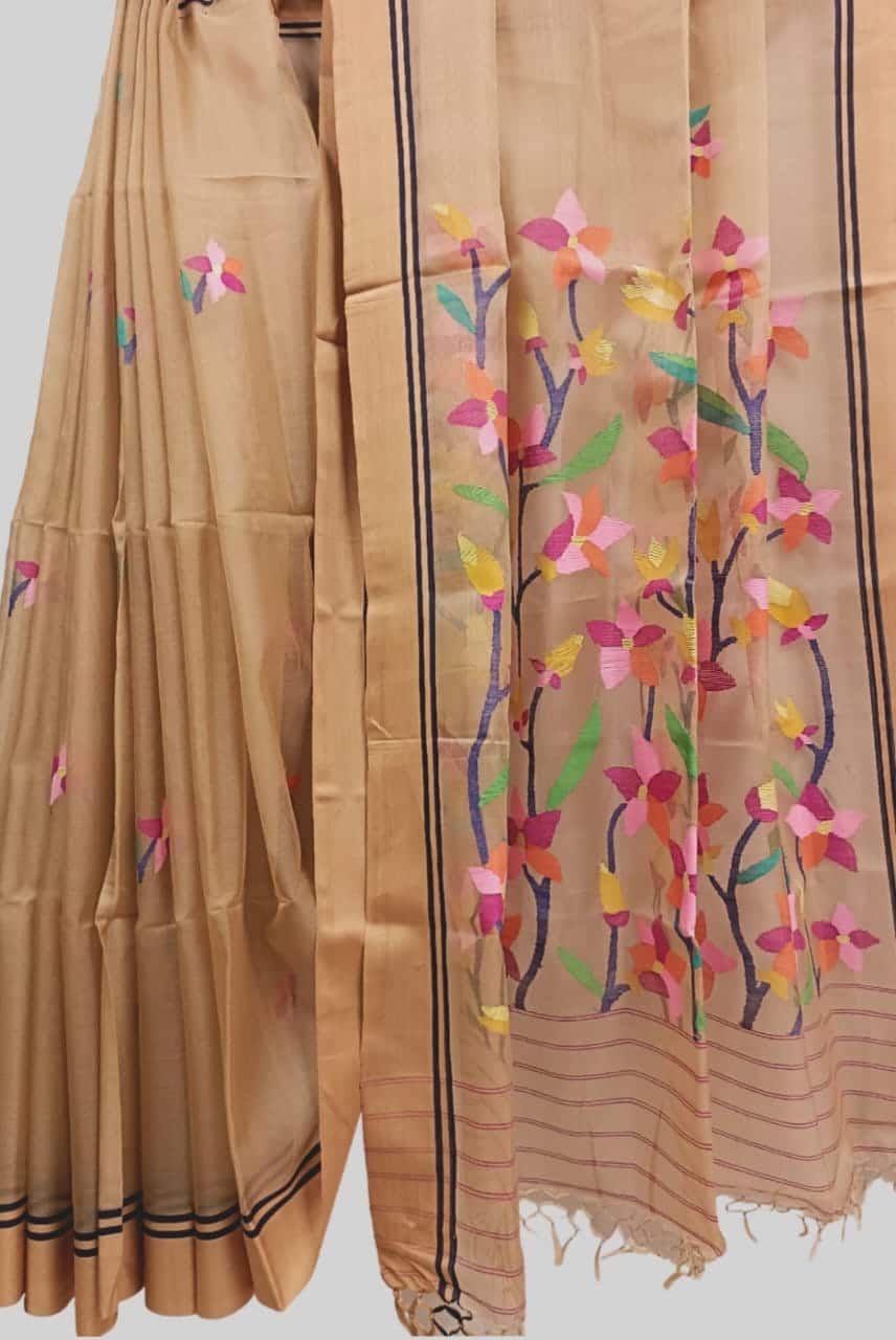 Beige Handloom Muslin Silk Jamdani Saree Balaram Saha