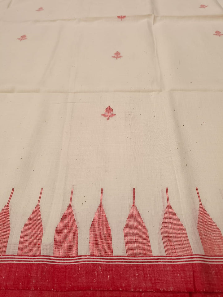 White & Red, Handspun & Handwoven soft Cotton Jamdani saree Balaram Saha