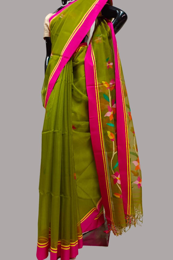 Mehndi Green Handloom Hand woven Muslin Silk Saree Balaram Saha