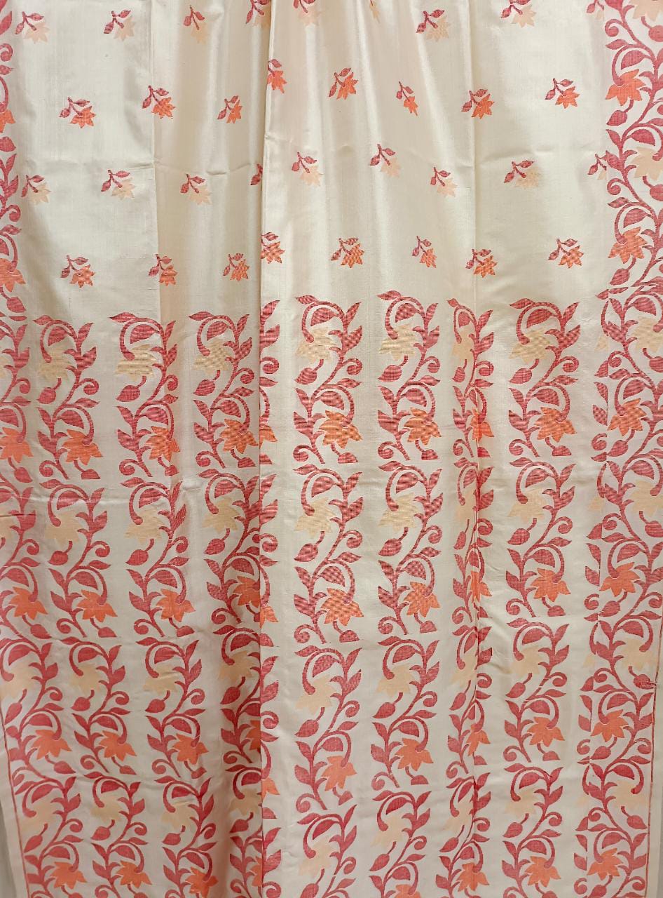 Off White & Red/Orange, Katan Silk Jamdani saree with floral weave on border & Aanchal. Floral motifs woven all over the body.  Blouse Piece included.