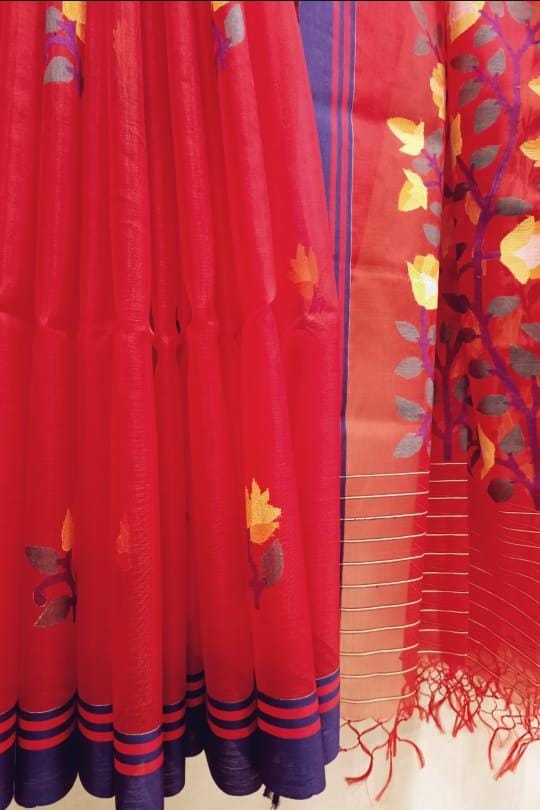 Red & Blue Handloom Muslin Silk Jamdani Saree Balaram Saha