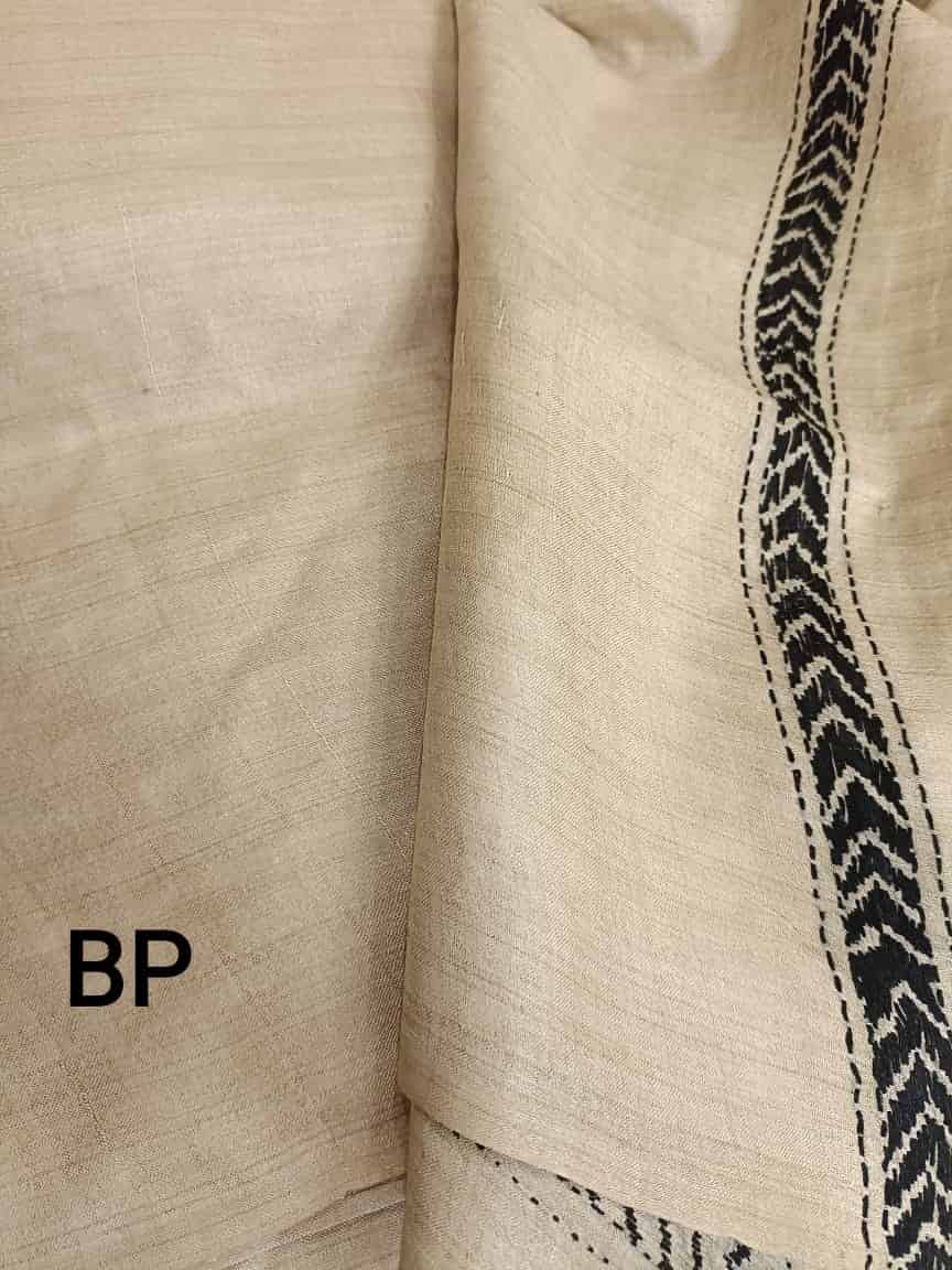 Exclusive Natural Shade & Black, Tussar Silk Kantha Saree With Black Thread Balaram Saha