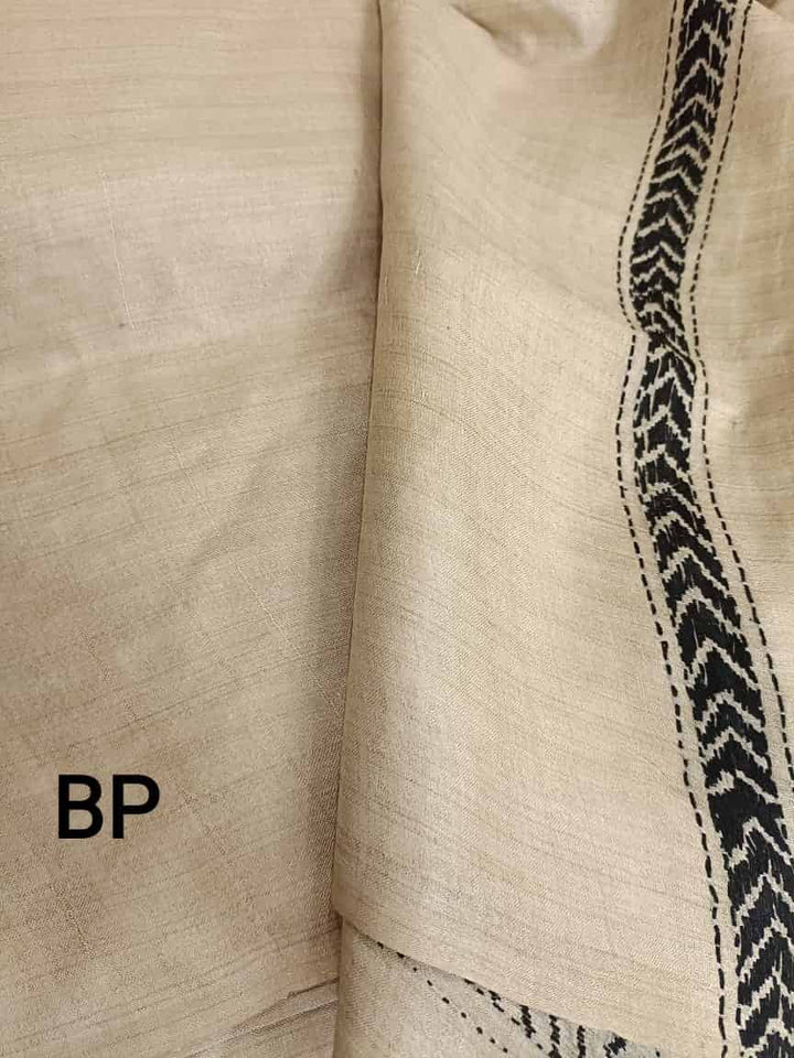 Exclusive Natural Shade & Black, Tussar Silk Kantha Saree With Black Thread Balaram Saha