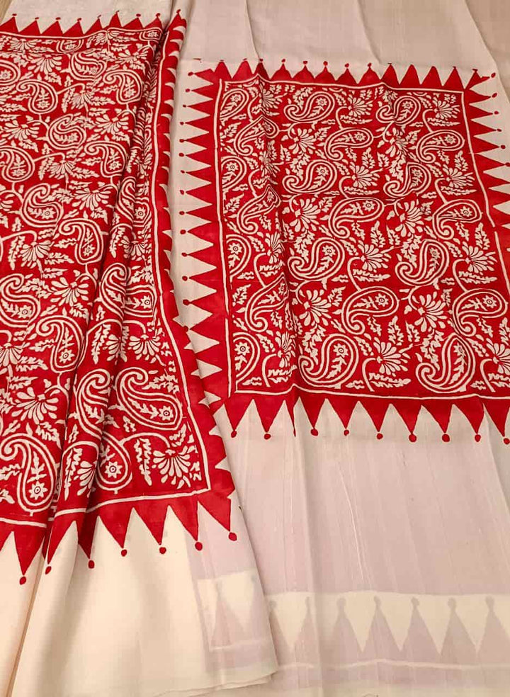 Red & White Pure Bengal Silk Handblock print saree Balaram Saha