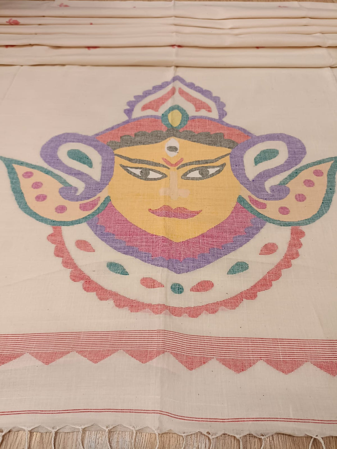 White & Red, Handspun & Handwoven soft Cotton Jamdani saree Balaram Saha