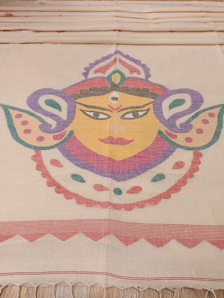 White & Red, Handspun & Handwoven soft Cotton Jamdani saree Balaram Saha