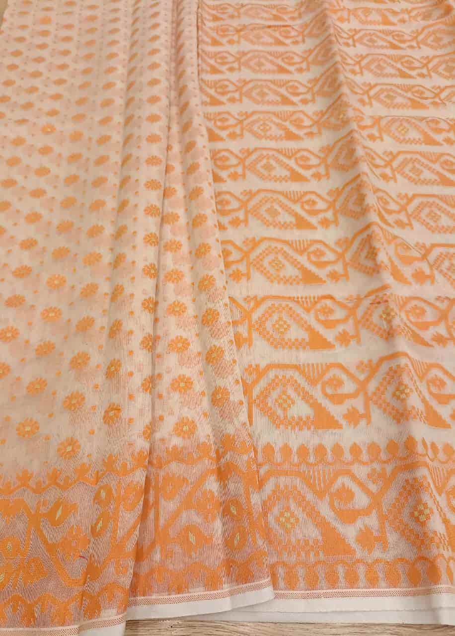 White & Orange, soft handloom cotton/Resham dhakai saree Balaram Saha