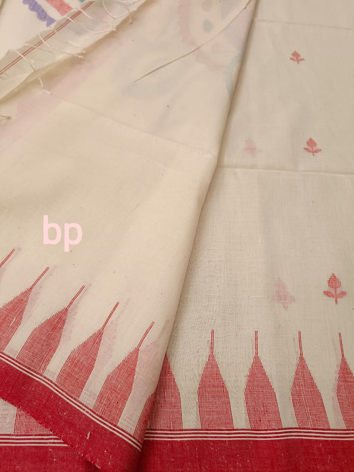 White & Red, Handspun & Handwoven soft Cotton Jamdani saree Balaram Saha