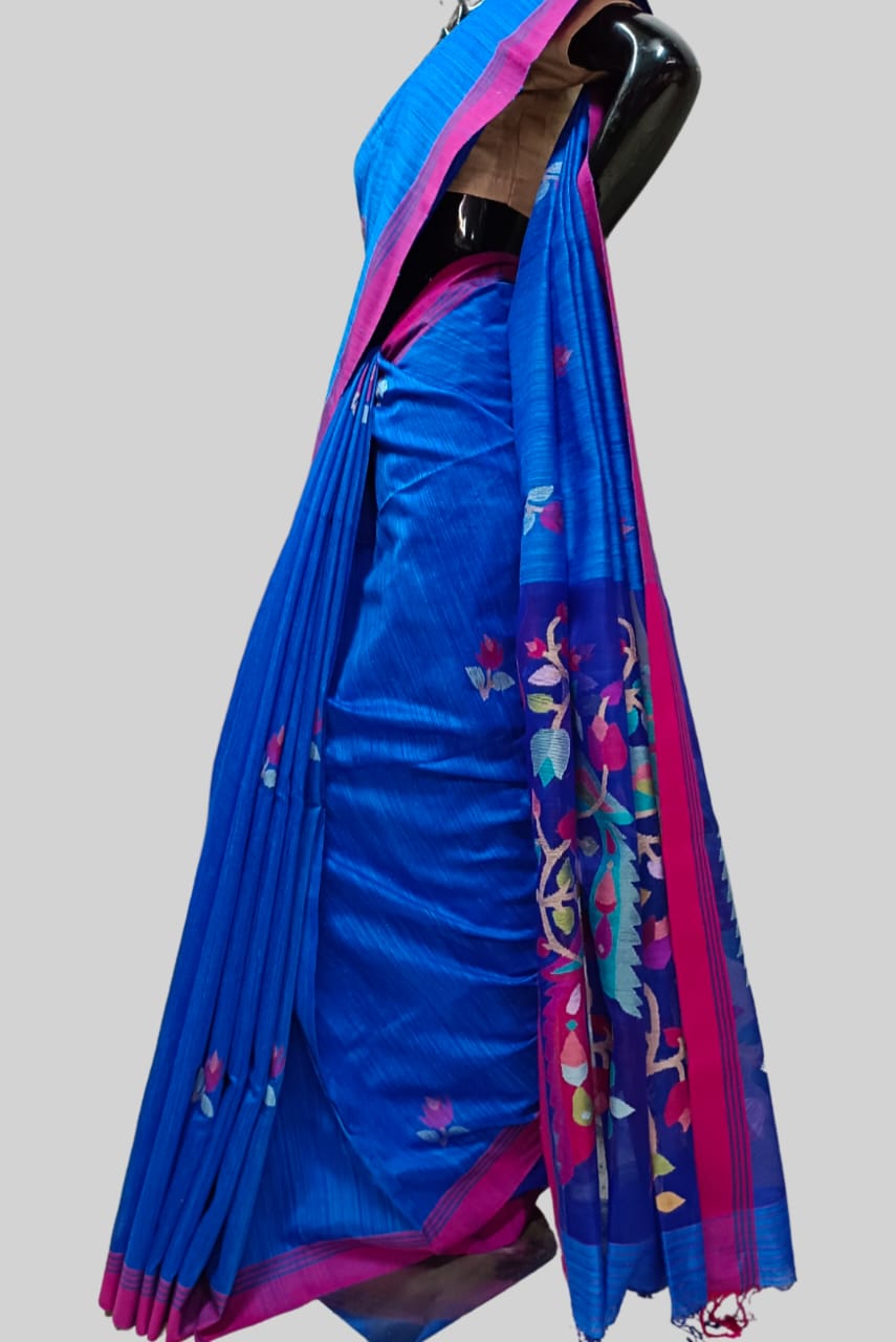 Blue & Pink Handloom Matka Silk Jamdani Saree Balaram Saha