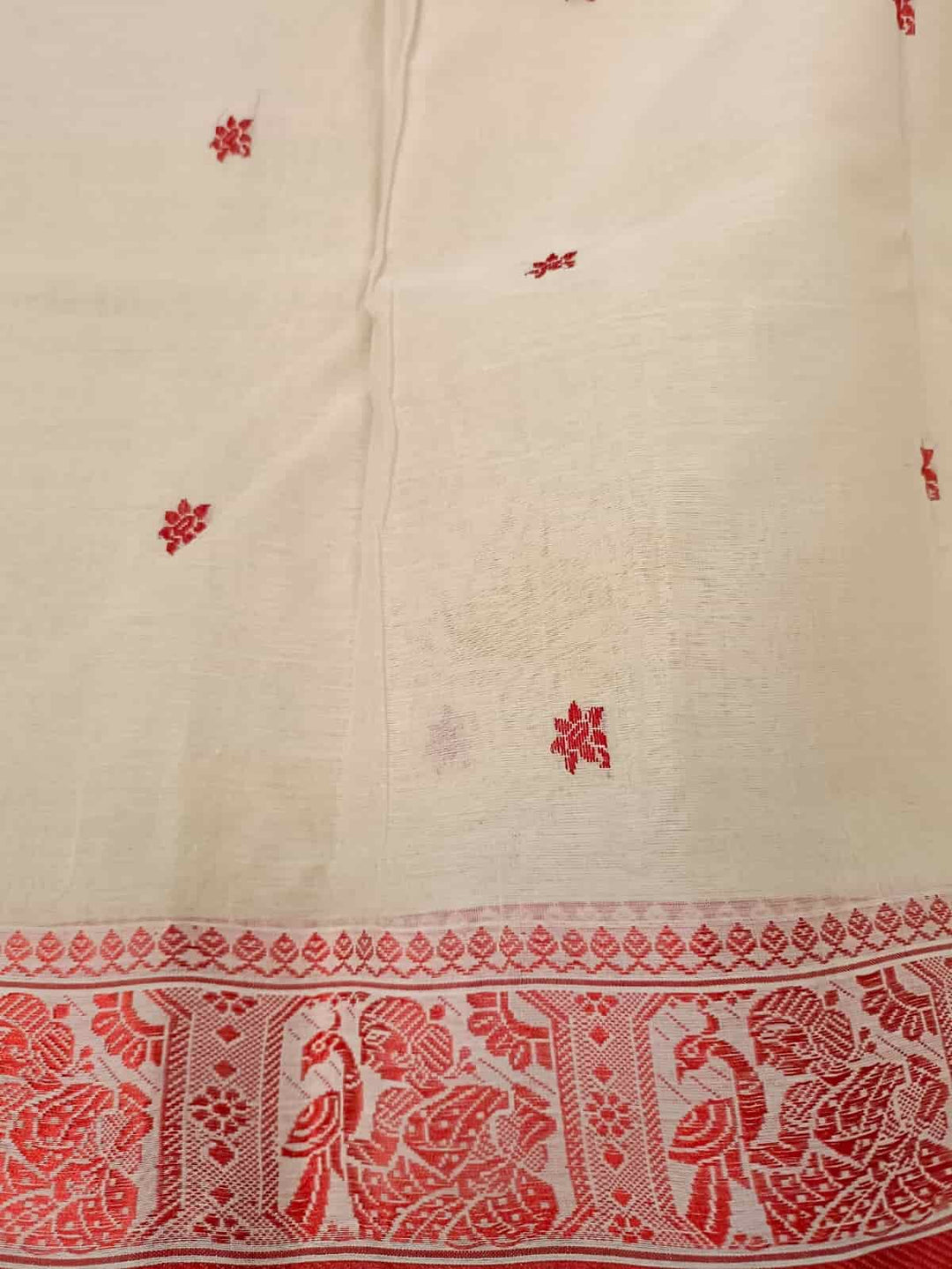 Off White & Red, traditional cotton Jacquard weave saree Balaram Saha