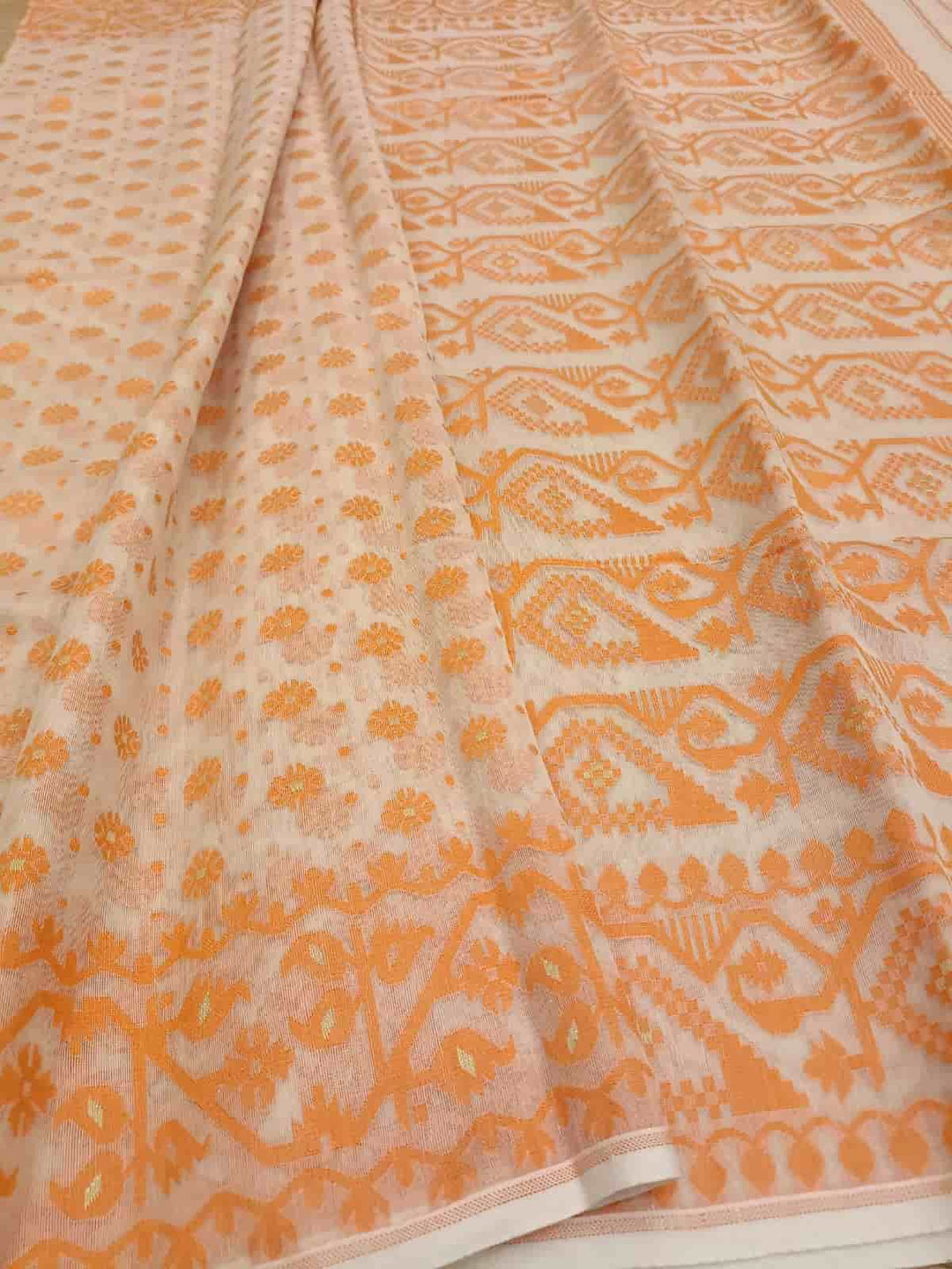 White & Orange, soft handloom cotton/Resham dhakai saree Balaram Saha