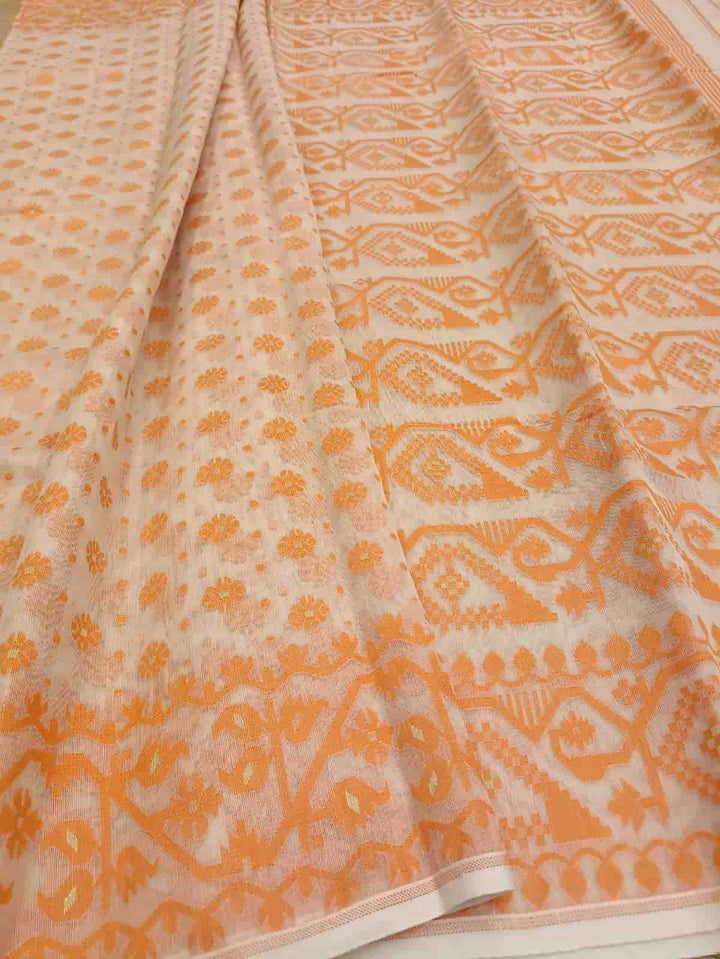White & Orange, soft handloom cotton/Resham dhakai saree Balaram Saha