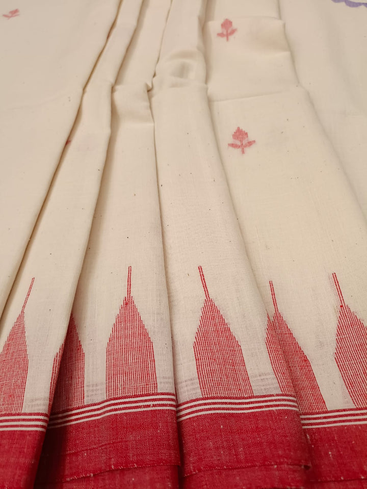 White & Red, Handspun & Handwoven soft Cotton Jamdani saree Balaram Saha