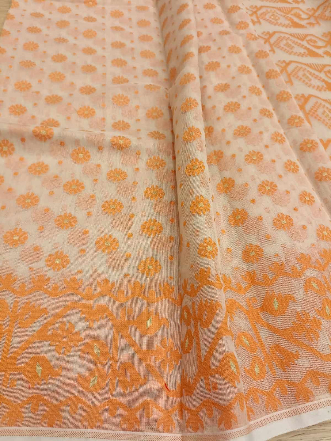 White & Orange, soft handloom cotton/Resham dhakai saree Balaram Saha