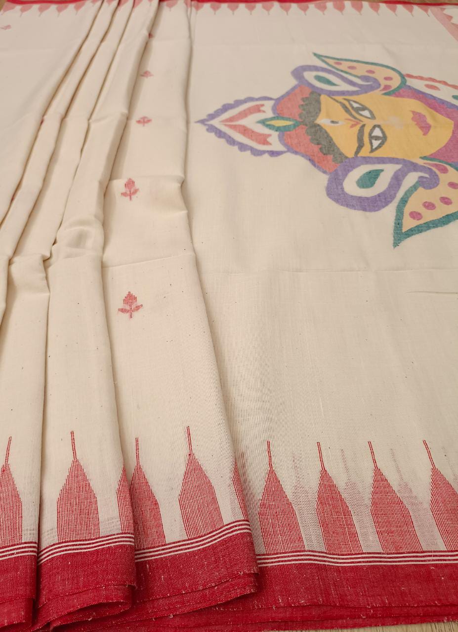 White & Red, Handspun & Handwoven soft Cotton Jamdani saree Balaram Saha