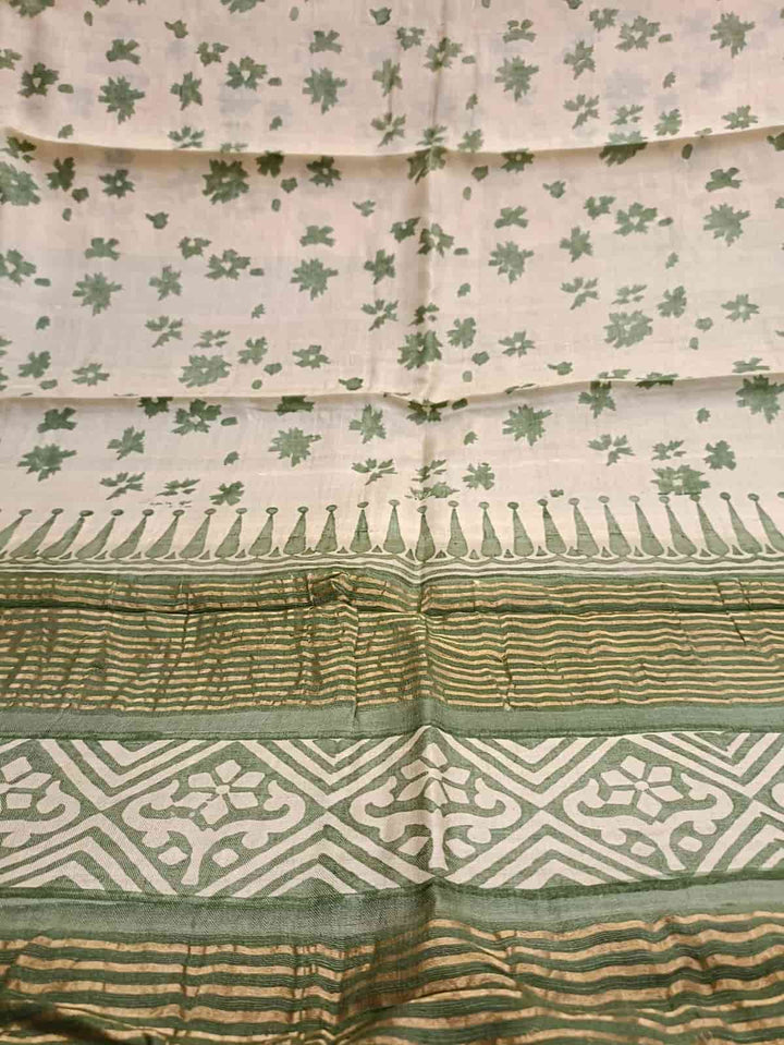 Cream & Green Tussar Silk Handblock Floral Print Saree Balaram Saha