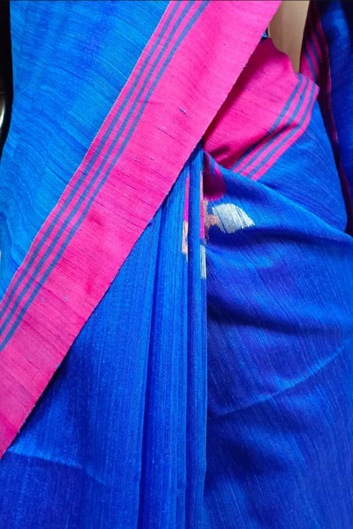 Blue & Pink Handloom Matka Silk Jamdani Saree Balaram Saha