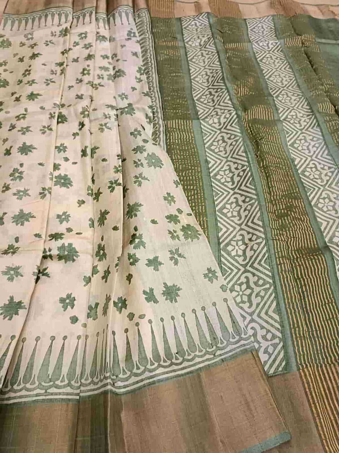 Cream & Green Tussar Silk Handblock Floral Print Saree Balaram Saha