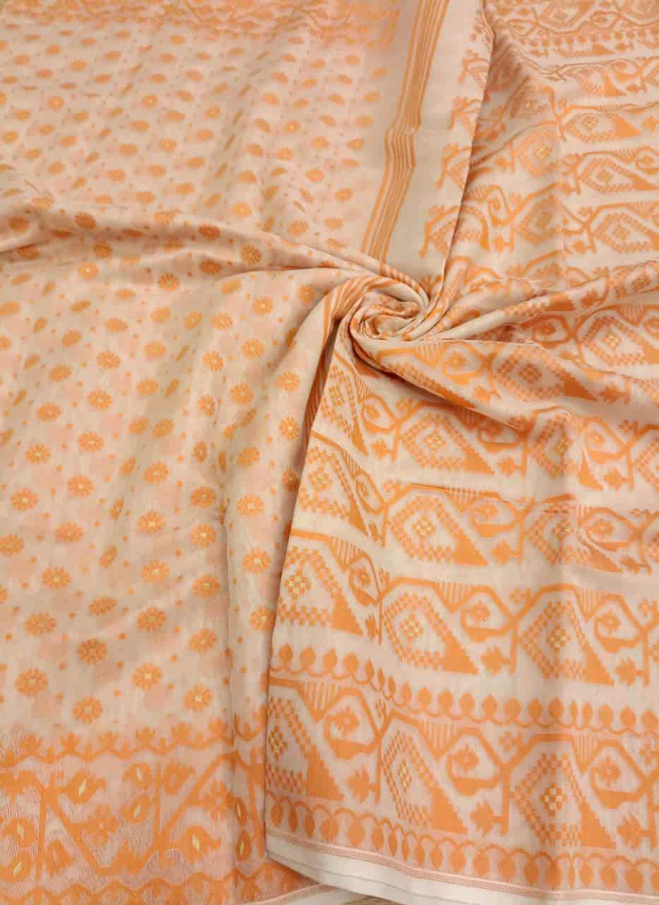 White & Orange, soft handloom cotton/Resham dhakai saree Balaram Saha