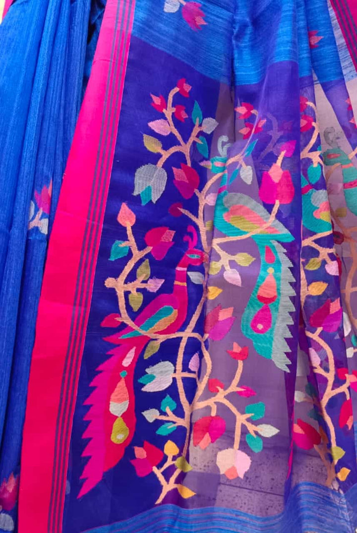 Blue & Pink Handloom Matka Silk Jamdani Saree Balaram Saha