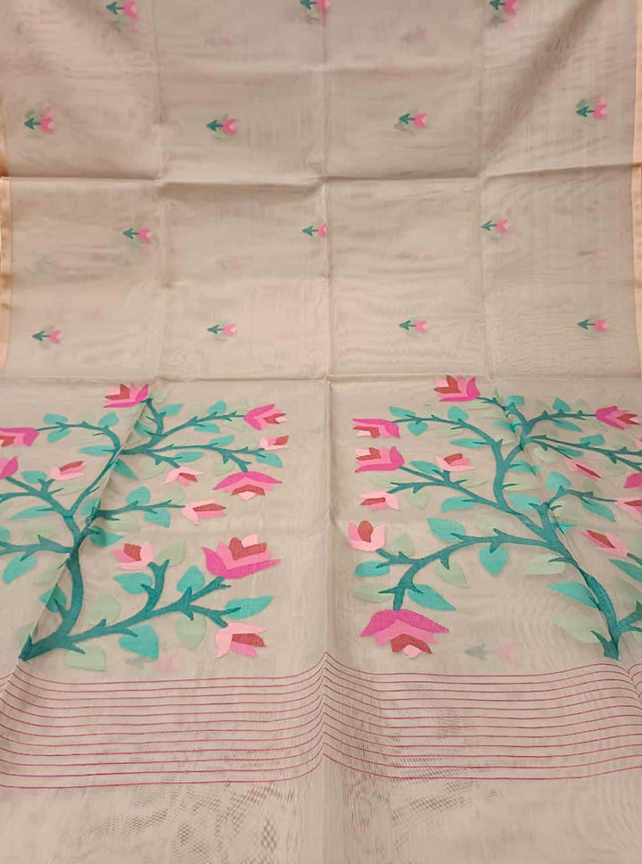 Light Pastel Grey, handwoven Muslin Silk Jamdani saree Balaram Saha