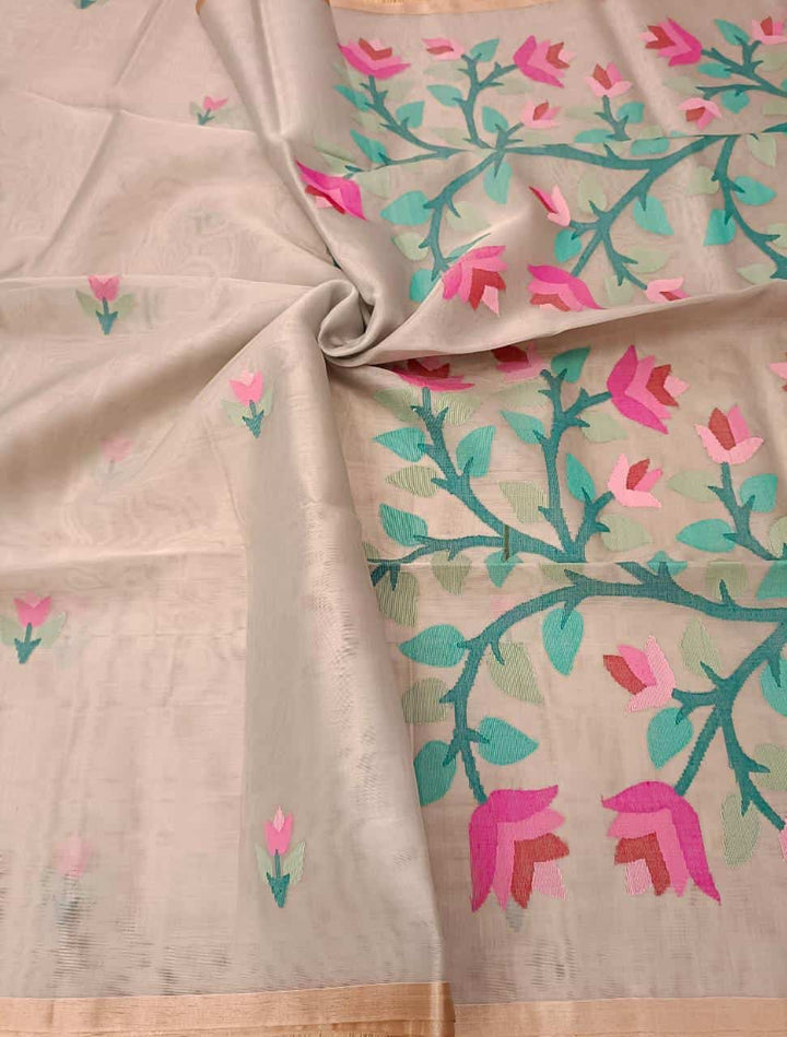 Light Pastel Grey, handwoven Muslin Silk Jamdani saree Balaram Saha