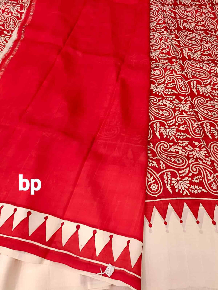 Red & White Pure Bengal Silk Handblock print saree Balaram Saha