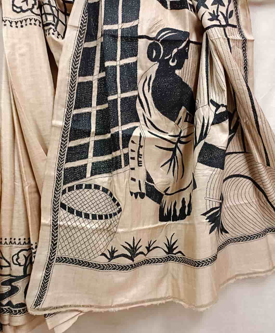 Exclusive Natural Shade & Black, Tussar Silk Kantha Saree With Black Thread Balaram Saha