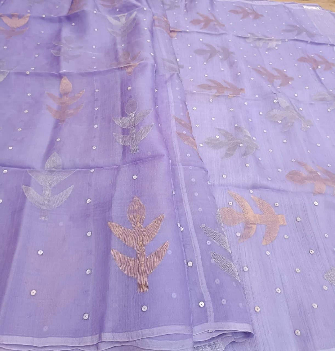 Lilac Muslin Silk Jamdani Saree with all over Leaves in Gold & Silver zari Balaram Saha