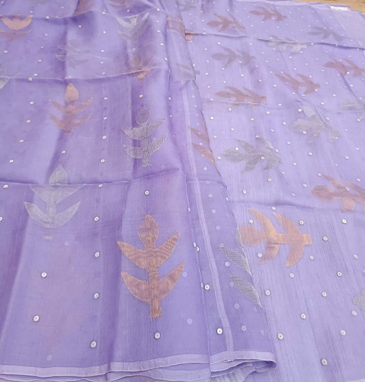 Lilac Muslin Silk Jamdani Saree with all over Leaves in Gold & Silver zari Balaram Saha